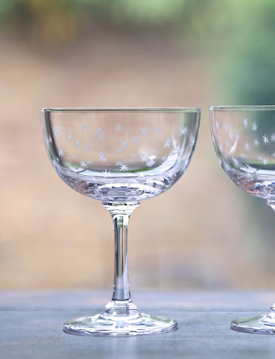 Two Champagne Saucers With Stars Design New