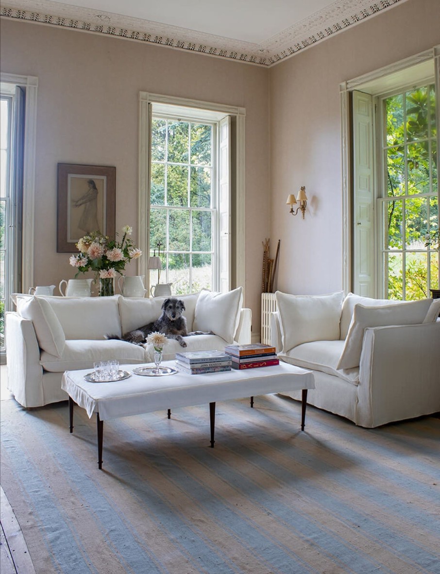 Coco Small Coffee Table Self Piped In Cotton Linen White Camellia - Available Now Best