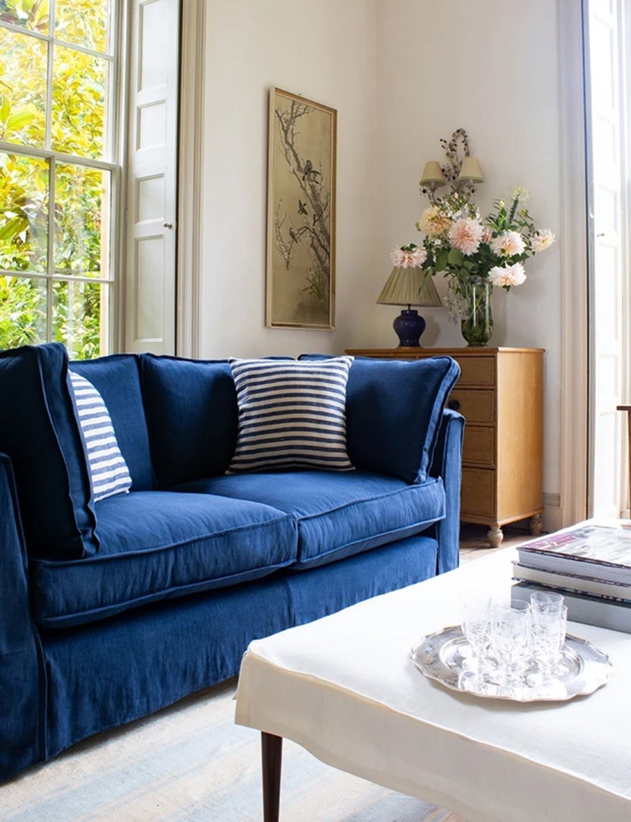 Coco 2.5 Seater Sofa With Self Piped Box Edge Cushion In Designers Guild Brera Lino Indigo Best