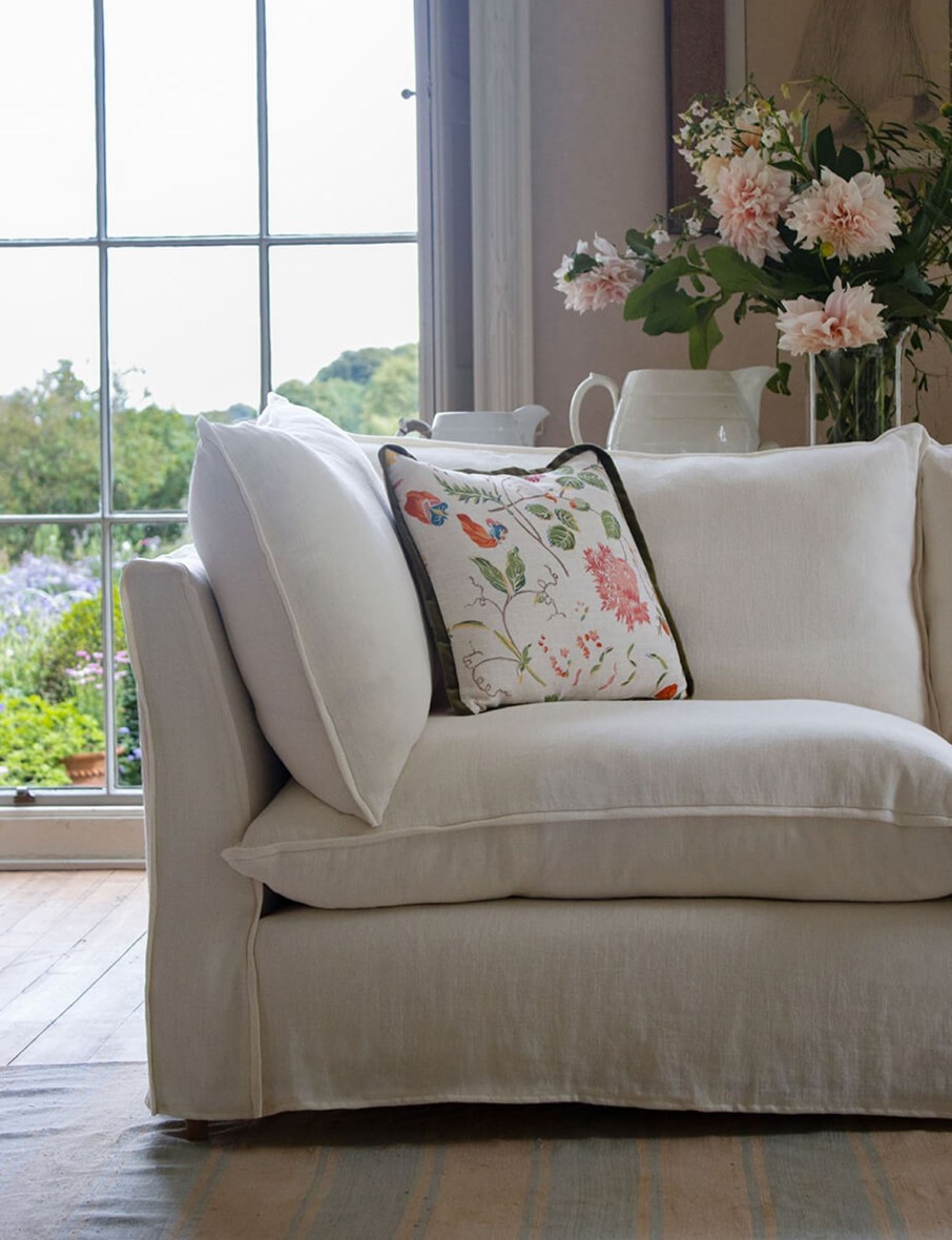 Coco 2 Seater Sofa With Self Piped Knife Edge Cushion In Designers Guild Brera Lino Chalk - Available Now Online