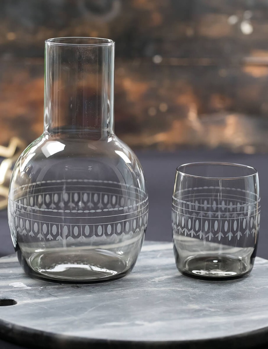 Smoky Carafe Set And Glass With Ovals Design Hot